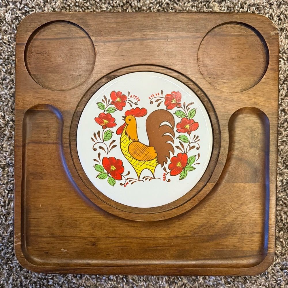 Vintage MCM Goodwood Wood & Tile Cheese Board 11.5” Square Rooster Floral